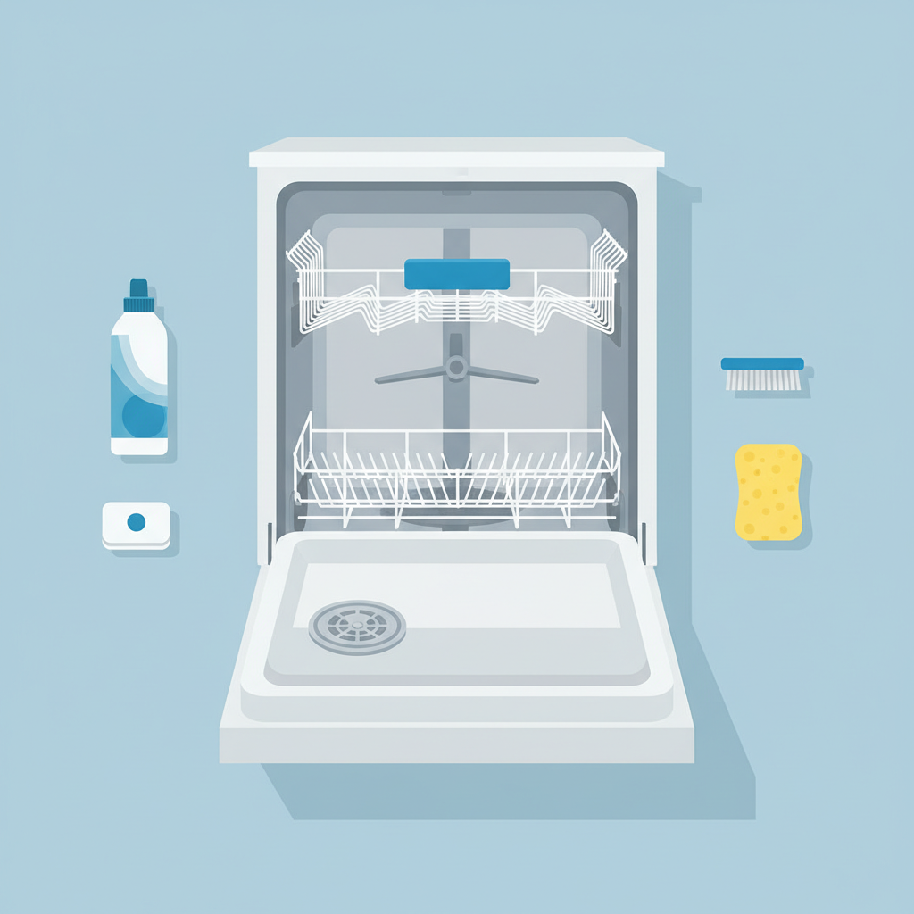 An infographic-style flat illustration from a top-down perspective, looking into an open dishwasher's lower rack area. The dishwasher interior is clean and bright, showcasing the prominent filter and lower spray arm. Surrounding the dishwasher on a clean surface are various abstract cleaning tools and products: a sleek, generic bottle of dishwasher cleaner, a rectangular cleaning tablet, a small detail brush, and a soft sponge. The composition should convey comprehensive dishwasher maintenance and hygiene, with all elements presented in a clean, crisp, and organized manner.
