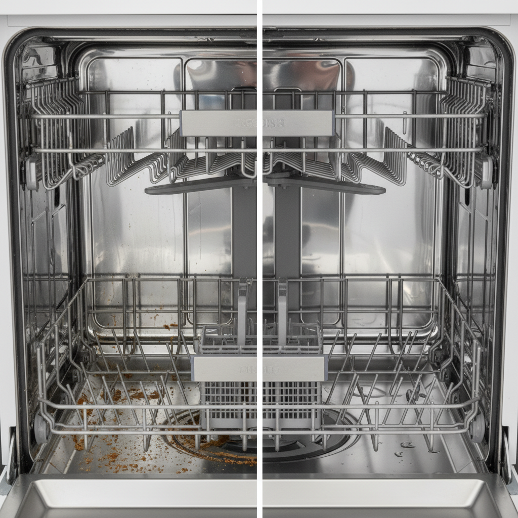 A professional, well-lit photo of a split image showing the interior of a dishwasher. On the left side, the dishwasher interior is visibly dirty, with dried food residue on the filter, cloudy spray arm nozzles, and subtle grease streaks on the stainless steel. On the right side, the same dishwasher interior is sparkling clean, reflecting light, with a pristine filter, clear nozzles, and gleaming surfaces. The contrast highlights the necessity of cleaning and the satisfying result of proper maintenance. The composition should be bright and inviting, showcasing both states clearly.