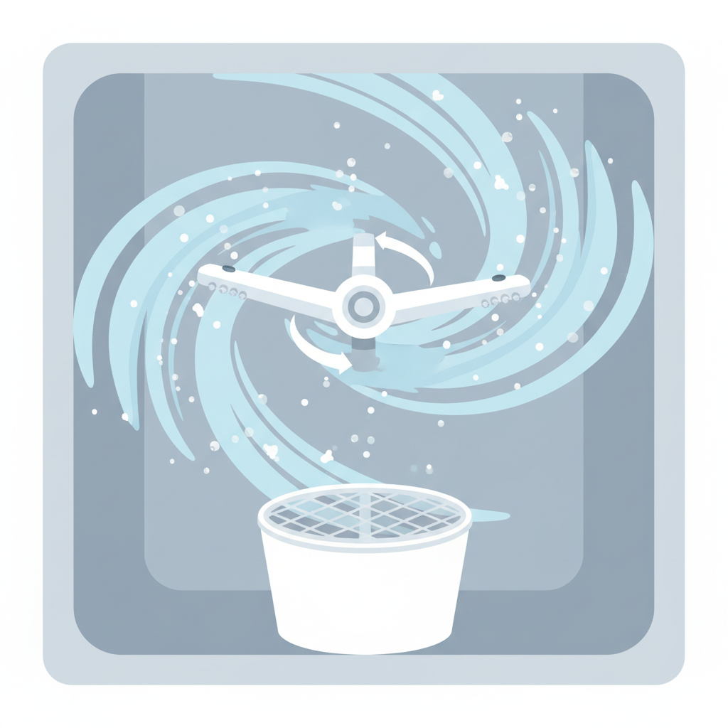 A modern flat illustration depicting a stylized cutaway view of a dishwasher's lower section. The image prominently features a clean, unclogged spray arm and a spotless filter basket at the bottom. Abstract, light blue swirling lines and subtle, tiny transparent bubbles emanate from the spray arm, indicating a powerful cleaning cycle in action, effectively washing away invisible particles. The overall impression is one of efficiency and hygiene, illustrating how internal components work during a dedicated cleaning program. The color palette should be fresh and clean, using blues, whites, and light greys.