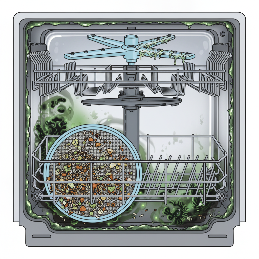 A detailed cross-section diagram of a dishwasher interior, revealing common areas where dirt, grime, and limescale accumulate. Focus on the bottom sieve clogged with small food particles, dirty spray arms with blocked nozzles, and slimy residue on the door seals. Show subtle, abstract representations of bacteria and mold growth in dark, damp corners. The background should be clean, highlighting the contrast with the dirty elements. Use an infographic style with vibrant colors that clearly distinguish different parts and types of dirt.