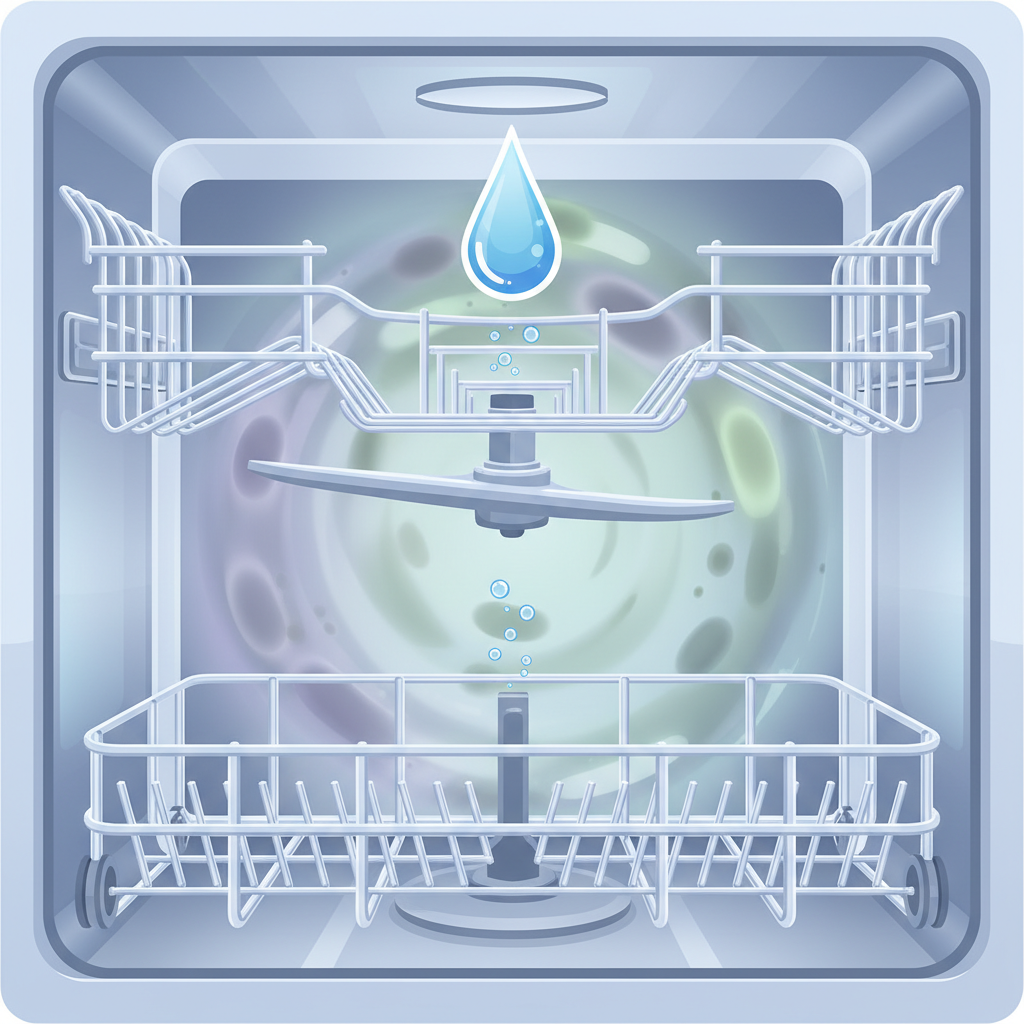 A clean, bright, and sparkling dishwasher interior, gleaming with freshness. The stainless steel racks and rotating spray arms are spotless, reflecting light. A single, stylized water droplet is shown falling, emphasizing purity and freshness. In the background, subtly depicted, are abstract, swirling forms representing unpleasant odors and faint, blurred outlines of bacteria, receding into the distance, suggesting they have been banished. Use a modern, slightly abstract flat illustration style with soft, inviting colors to convey hygiene and efficiency.