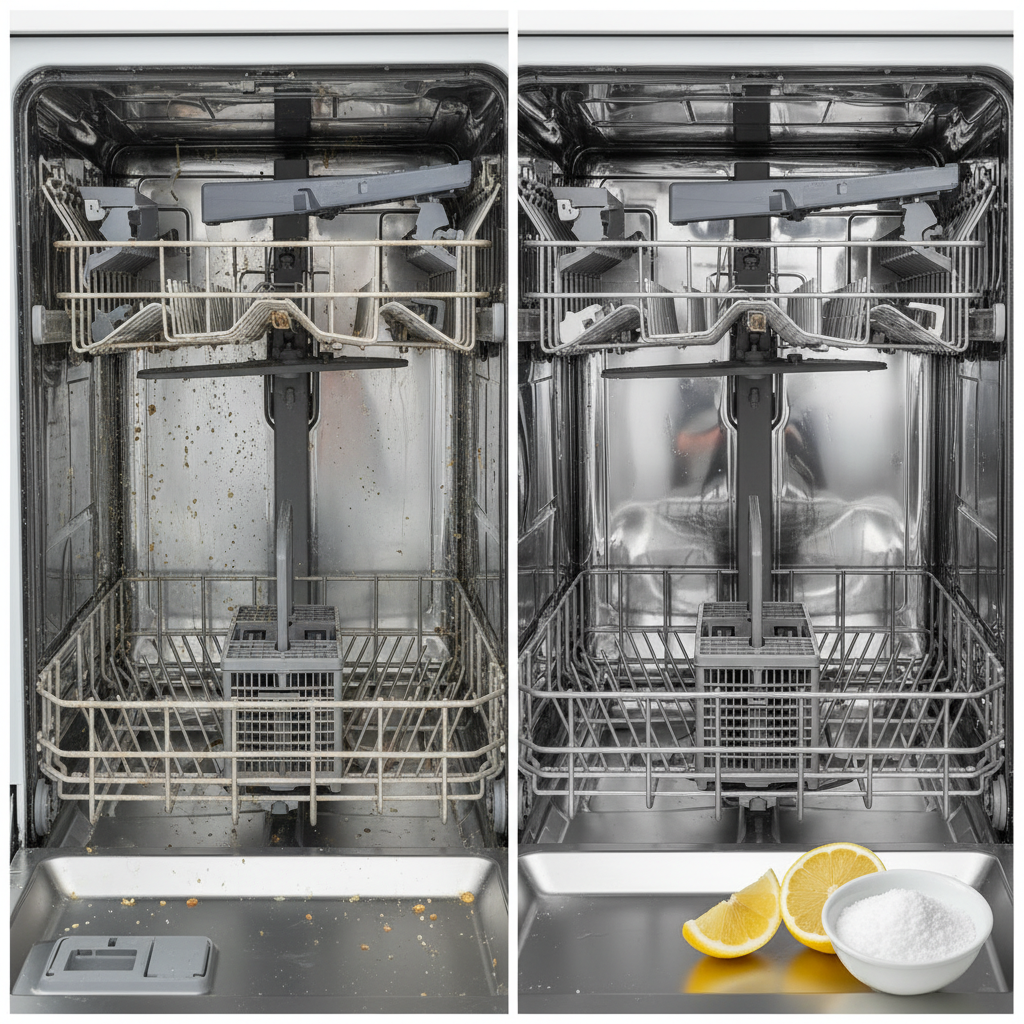 A professional photo split into two sections, depicting the dramatic before-and-after effect of a dishwasher cleaning. The left side shows the interior of a visibly dirty dishwasher: dull, white-grey limescale coating the metal racks and spray arms, with subtle traces of food residue and grime. The overall impression is unhygienic and dull. The right side displays the same dishwasher interior, now impeccably clean and sparkling. The metal surfaces gleam brightly, free of any deposits, showcasing pristine cleanliness. A few fresh lemon slices or a small bowl of white crystalline powder (representing citric acid) are subtly placed in the foreground on the right side, hinting at the cleaning agent. This image should clearly communicate the transformative power of cleaning.