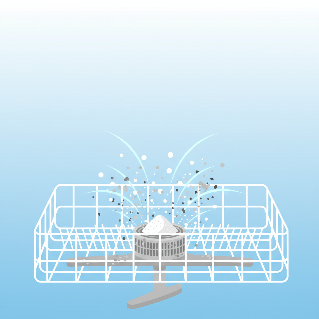 A vibrant, flat illustration depicting the internal cleaning action within a stylized dishwasher. The foreground shows a simplified depiction of a dishwasher's lower basket, a spray arm, and a filter basket, all partially obscured by stylized, light grey limescale deposits and small dark specks representing food residue. Emanating from a small pile of white crystalline powder (citric acid) placed within the filter or on the bottom, are energetic, abstract dissolving effects – perhaps small bubbles or glowing lines – actively breaking down the grime and scale. The background should be a clean, light blue or white. The overall style should be clean and crisp, visually explaining how citric acid tackles internal deposits.