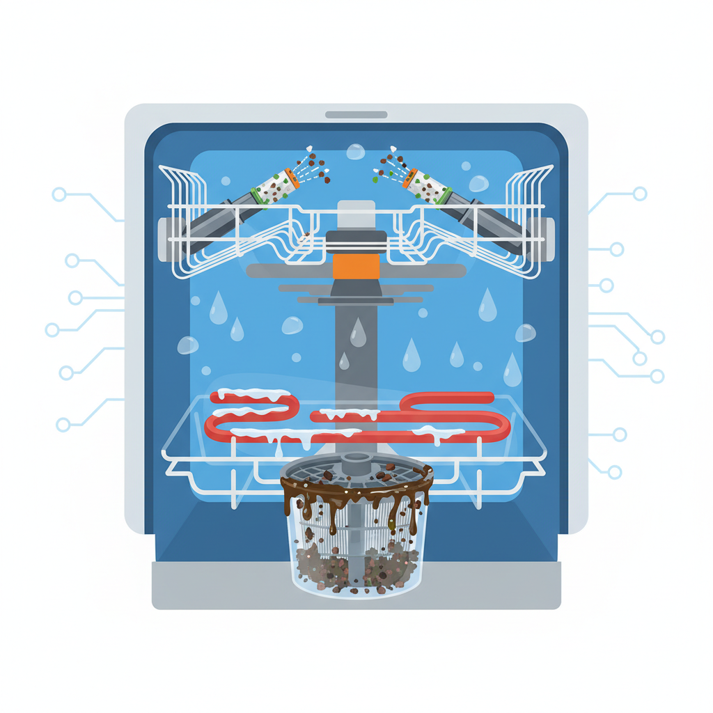 A vibrant, modern infographic style illustration depicting the internal components of a dishwasher affected by common problems. Show a cutaway view where visible elements like the spray arms have some nozzles partially blocked by tiny food particles. The heating element at the bottom should have a light layer of white limescale deposit. The filter basket at the base should appear slightly grimy with a dark film, suggesting accumulated grease and food residue. The overall impression should convey the 'dangers of deposits' clearly and visually.