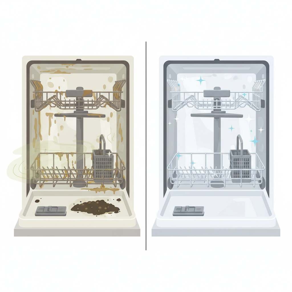 A compelling split-screen or side-by-side illustration showcasing the transformation of a dishwasher from dirty to clean. On the left side, depict a neglected dishwasher interior with dull, grimy racks, a stained door interior, and a visibly dirty filter. Hint at unpleasant odors with subtle visual cues like a hazy atmosphere. On the right side, show the same dishwasher sparkling clean, with shining chrome racks, a pristine white interior, and a spotless filter, conveying freshness and hygiene. Use a professional, clean flat illustration style.