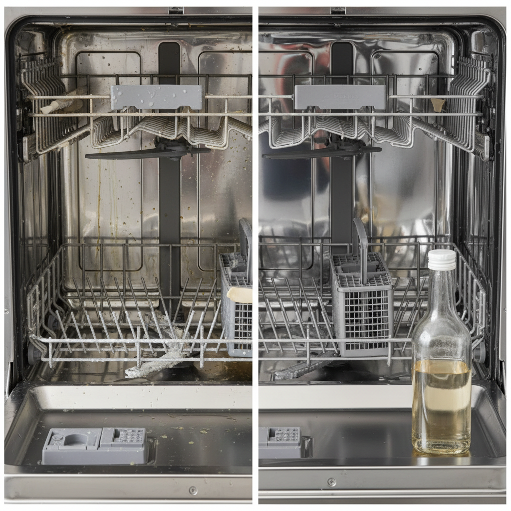 A visually compelling split image, depicting a 'before and after' scenario for a dishwasher interior. The left side showcases a dirty dishwasher: visible white limescale deposits on the heating element and spray arms, greasy residue clinging to the walls, and a general dull, unhygienic appearance. The right side reveals the same dishwasher interior, sparkling clean and gleaming, with pristine stainless steel surfaces, clear spray arm nozzles, and no visible residue. A transparent bottle of white household vinegar, half-full, is positioned in the foreground of the 'after' scene, subtly indicating the cleaning agent. Professional photo style with bright, clean lighting.
