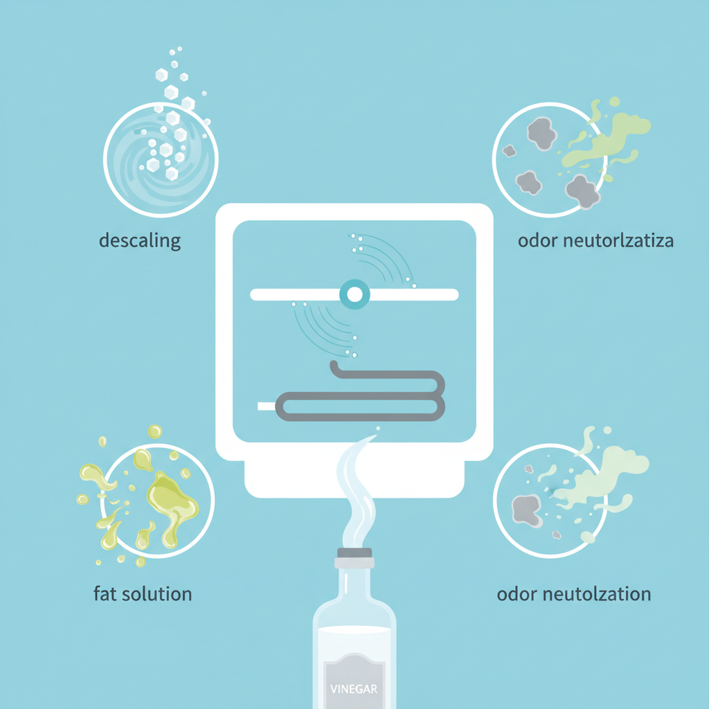 An infographic-style illustration highlighting the multiple benefits of vinegar for dishwasher cleaning. The central element is a simplified, stylized outline of a dishwasher interior, showing a heating element and a spray arm. Surrounding this, dynamic visual icons represent different actions: tiny white crystalline shapes dissolving into fluid for 'descaling', swirling oily blobs breaking apart for 'fat solution', and small, unpleasant cloud-like forms dissipating into fresh air for 'odor neutralization'. A bottle of white vinegar with a clear, pouring stream is positioned to visually connect these actions. The aesthetic should be clean, modern flat illustration with a refreshing color palette of blues, greens, and whites.