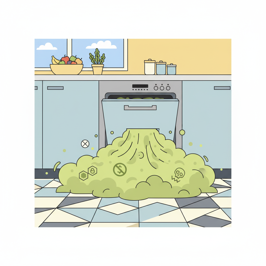 A vibrant, stylized flat illustration depicting a modern kitchen scene. The dishwasher door is slightly open, and a prominent, wavy, noxious cloud of greenish-yellow gas billows out, symbolizing the 'rotten egg' smell. The gas cloud subtly incorporates abstract, unpleasant visual elements like stylized sulfur molecules or small, generic warning icons. The kitchen itself is bright and clean, creating a strong contrast with the emanating odor.