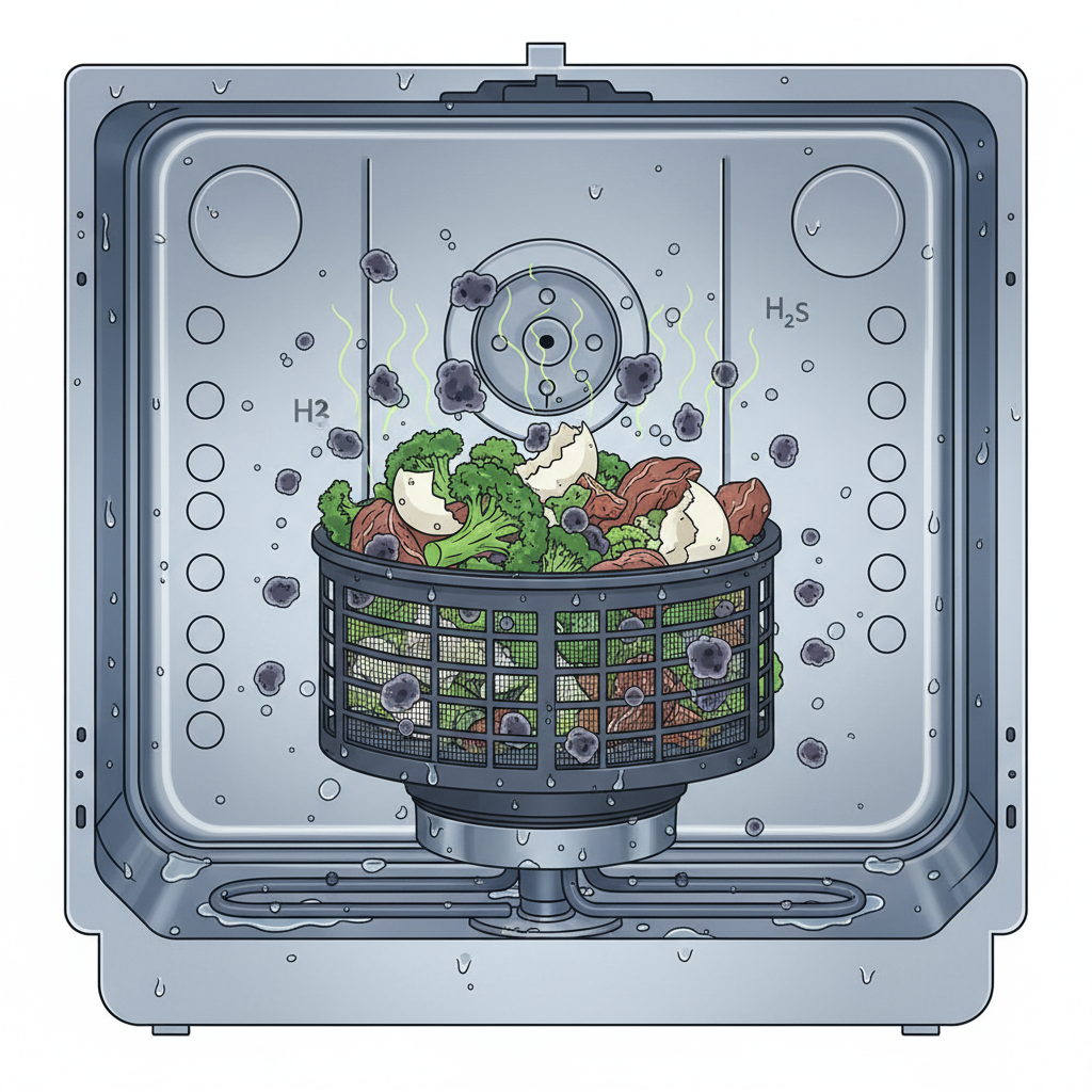 An intricate, clean infographic illustration showing a cross-section of the lower part of a dishwasher. The central focus is the removable filter basket, clearly overflowing with various decaying food scraps – identifiable pieces of broccoli, eggshell, and meat. Surrounding these residues are numerous small, shadowy, bubble-like microbes actively consuming the food, with faint, wavy lines rising from them, representing the foul-smelling H₂S gas.