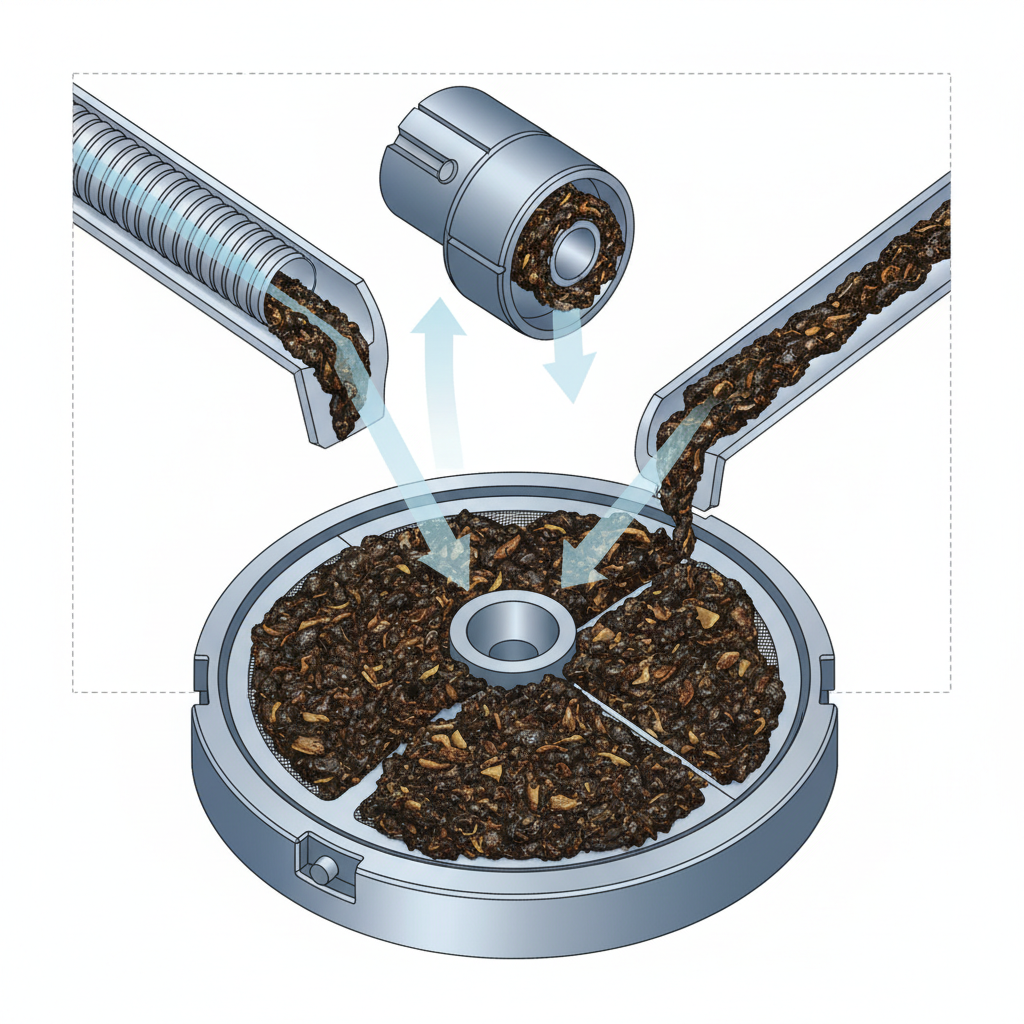 A highly detailed technical illustration or a clean 3D render displaying a cutaway view of a dishwasher's internal system. The filter system at the bottom is shown severely blocked by a dense accumulation of brownish-black food sludge and grease. Additionally, a segment of a spray arm nozzle or a drain hose is highlighted, also partially clogged with similar murky deposits, visually obstructing water flow.