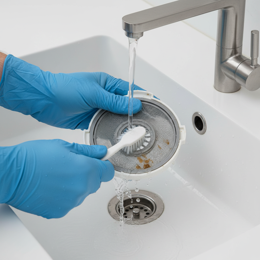 A professional, well-lit photograph taken from a slightly elevated angle. The shot focuses on a pair of hands (optionally wearing protective gloves) diligently cleaning a disassembled dishwasher filter. The filter, made of mesh and plastic, is held under a running faucet, and a small, stiff-bristled brush (like a toothbrush) is actively scrubbing away visible food particles and grime from its surface. Water droplets are splashing gently.