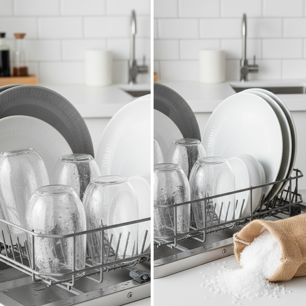 A professional, split-screen photo illustrating the impact of hard water versus softened water on dishes. On the left, several glasses and plates in a dishwasher rack appear cloudy, streaky, and visibly covered in limescale residues. The water droplets on them are opaque. On the right, the same glasses and plates are impeccably clean, sparkling, transparent, and perfectly dry. A bag or container of coarse dishwasher salt is placed next to the clean dishes, subtly indicating its role in achieving this pristine result. The background should be clean and bright, emphasizing the dramatic contrast.