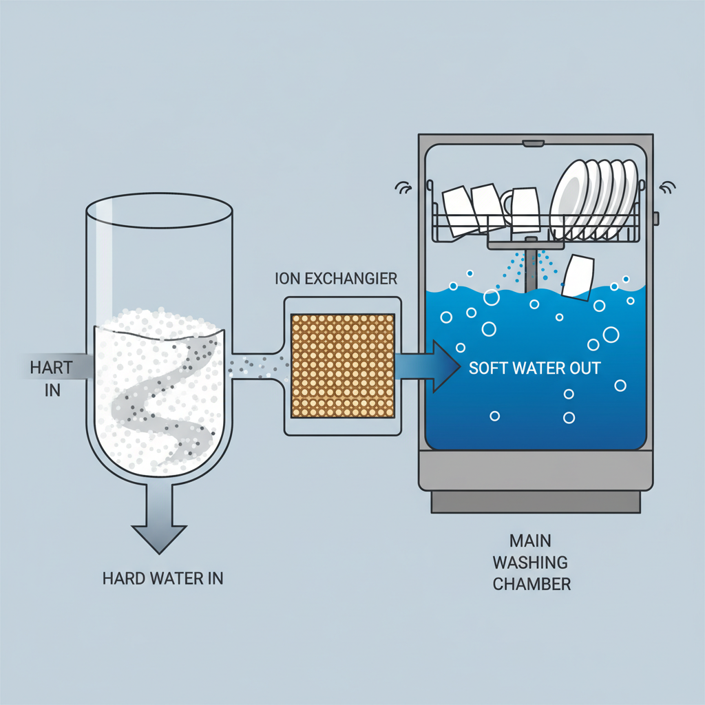 A clean, simplified cutaway illustration depicting the internal water softening process of a dishwasher. Focus on the interaction between the dishwasher salt and the ion exchanger. Show a visible compartment filled with coarse salt crystals. Arrows illustrate hard water entering this system, flowing past the salt, and then through a clearly visible ion exchanger component. The illustration should visually represent the transformation of water from 'hard' (e.g., light grey water with small mineral specks) to 'soft' (e.g., clear blue water) as it exits the exchanger and enters the main washing chamber to clean dishes. The overall style should be infographic-like, clear, and easy to understand.