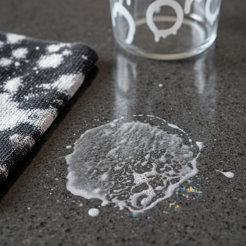 A professional, well-lit close-up photograph showcasing various types of dried dish soap stains on different household surfaces. The central focus is a section of a dark granite countertop with a visible, cloudy, and slightly iridescent film of dried soap residue. To the side, a swatch of dark, woven fabric exhibits a white, powdery soap mark. In the background, a pristine glass surface has distinct, opaque dried soap streaks. The image should clearly illustrate the problem of dish soap stains and their appearance on different textures, emphasizing their visual impact. Macro photography style.