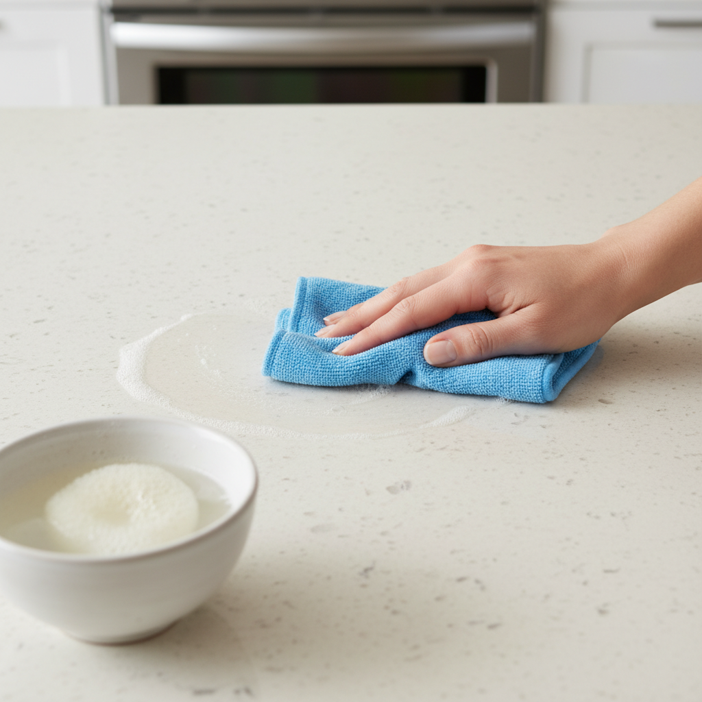 A bright, professional photo depicting the gentle and effective removal of a dish soap stain from a high-end kitchen countertop. A human hand, with well-maintained nails, is carefully wiping a subtle, cloudy residue from a polished, light-colored granite or marble surface using a soft, damp microfiber cloth. In the foreground, a small, elegant ceramic bowl containing a mild, clear soapy solution and a pristine, small sponge are visible, hinting at the tools and solution used. The scene should convey cleanliness, gentle care, and the process of successful stain removal. Professional photography style.