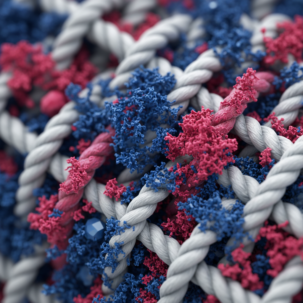 A highly detailed, magnified illustration showing vibrant Stabilo ink deeply embedded within the intricate structure of textile fibers. The image should depict numerous tiny, brightly colored (e.g., intense blue or red) pigment particles appearing to be woven into and clinging tightly to individual fabric threads. The fabric fibers themselves should be visible in a slightly abstract, magnified form, perhaps light grey or white, to highlight the contrast. The illustration should emphasize the depth and penetration of the pigments into the material's structure, conveying the challenge of removal. The overall aesthetic should be a clean, scientific, and slightly abstract digital illustration, perfect for explaining a complex concept visually in a blog.