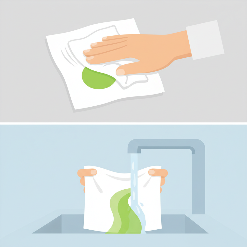 An infographic-style illustration depicting the immediate treatment steps for a fresh Stabilo stain on a light-colored garment. The scene should clearly show a hand gently dabbing a wet, bright green Stabilo mark on a white or light blue piece of fabric with a clean, dry cloth or paper towel, emphasizing the action of pressing without rubbing. A second visual element should show the reverse side of the same stained fabric being rinsed under a gentle stream of cold water from a tap, with the water clearly pushing the color out. The style should be clean, modern, and easily understandable, using flat or semi-flat vector graphics with clear, simple shapes and bright, contrasting colors.