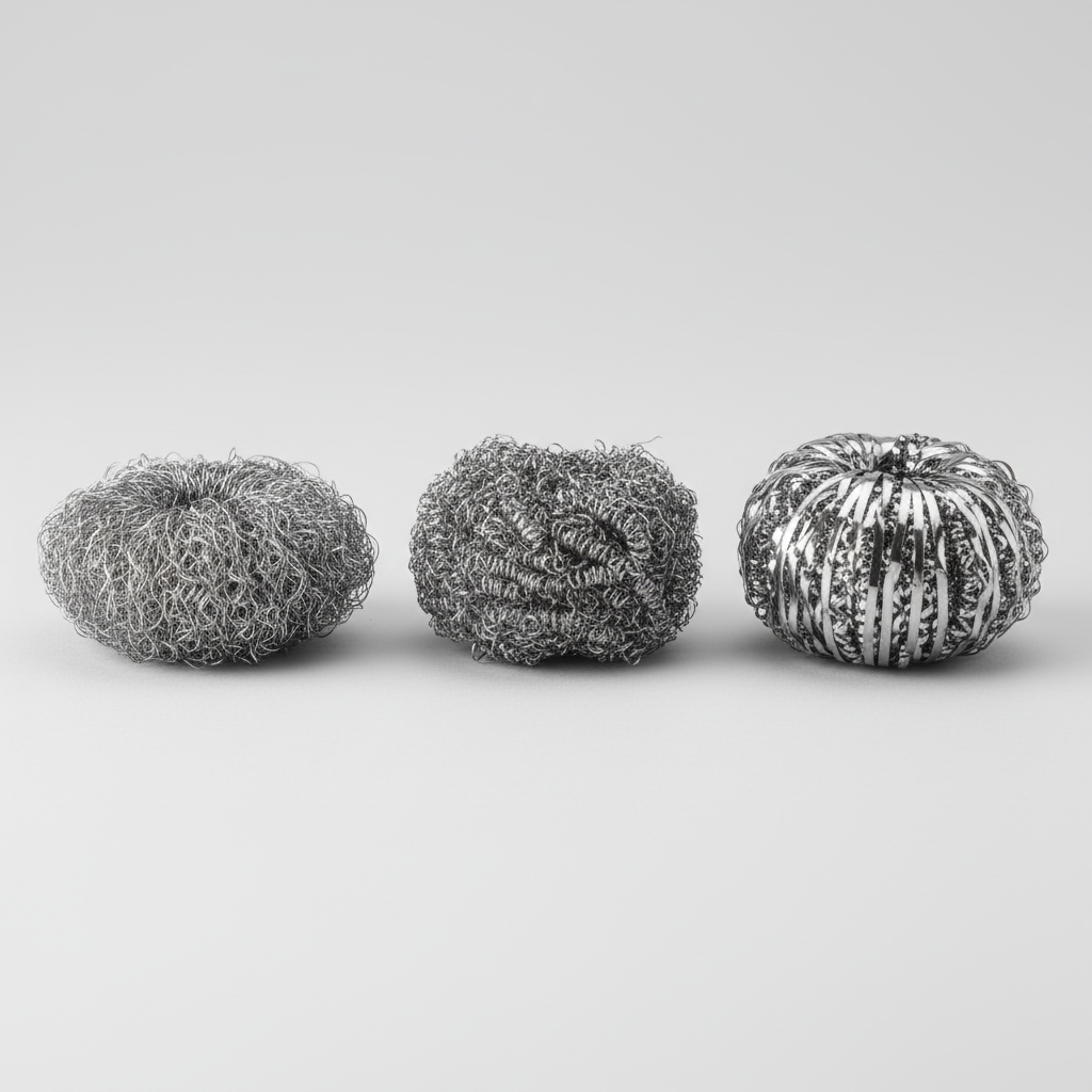 A professional, well-lit studio photograph showcasing three distinct types of steel wool sponges. On the left, a finely woven, soft-looking steel wool pad, appearing gentle. In the center, a coarser, more robustly textured steel wool pad, looking more abrasive. On the right, a shiny, coiled stainless steel scouring pad, perhaps with a slight sheen indicating its non-rusting quality. All are arranged neatly on a clean, neutral white or light grey background, allowing their unique textures and forms to be clearly visible and distinguishable. The focus is on their material differences and visual contrast.