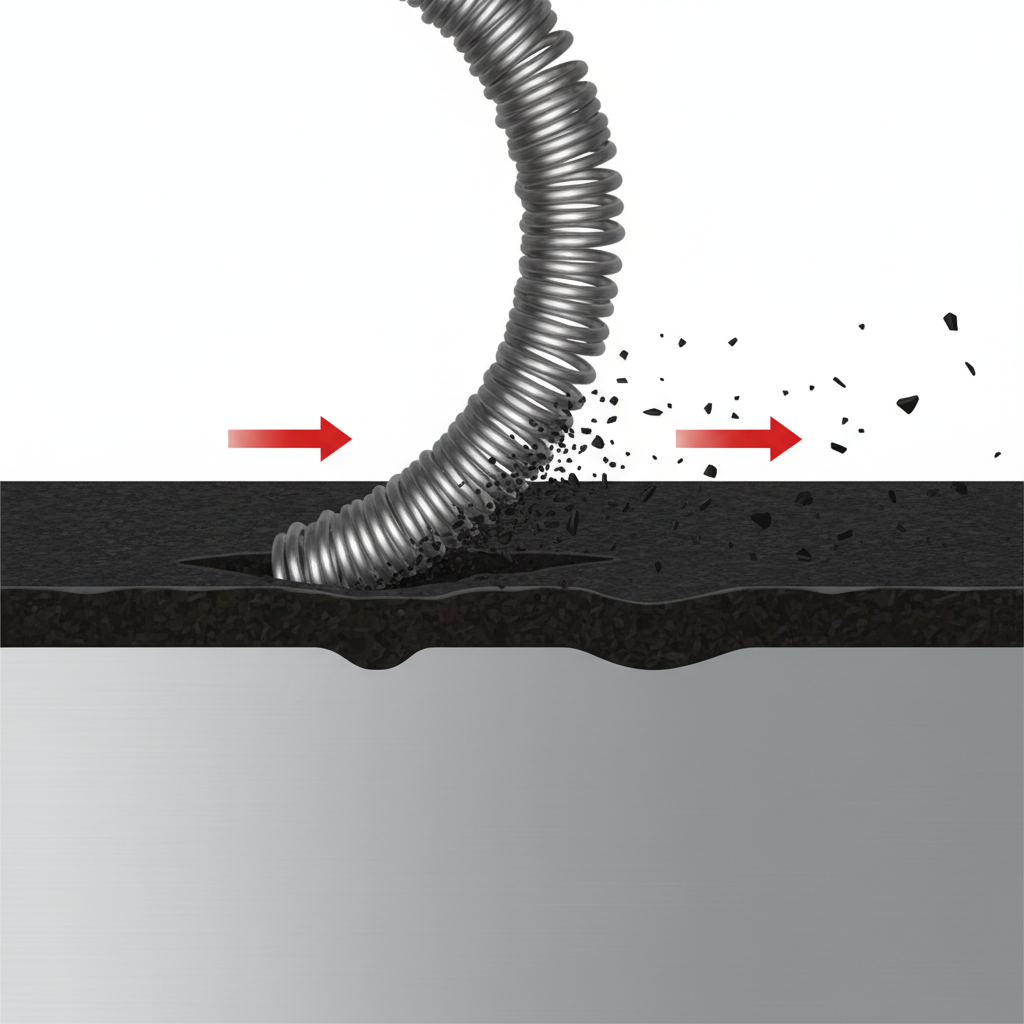 An infographic-style, zoomed-in illustration depicting the mechanical abrasion principle of a steel sponge. Show a cross-section of a surface, for instance, a dark, stubborn layer of grime adhering to a lighter base material. From above, a segment of a steel fiber, appearing like a miniature, robust wire, is actively scraping across the grime layer. Illustrate small particles of the dark grime visibly detaching and being lifted away by the fiber's action. The colors should be clear and distinct, highlighting the steel fiber, the surface, and the detached grime, emphasizing the physical 'scraping' and 'lifting' at a microscopic level.
