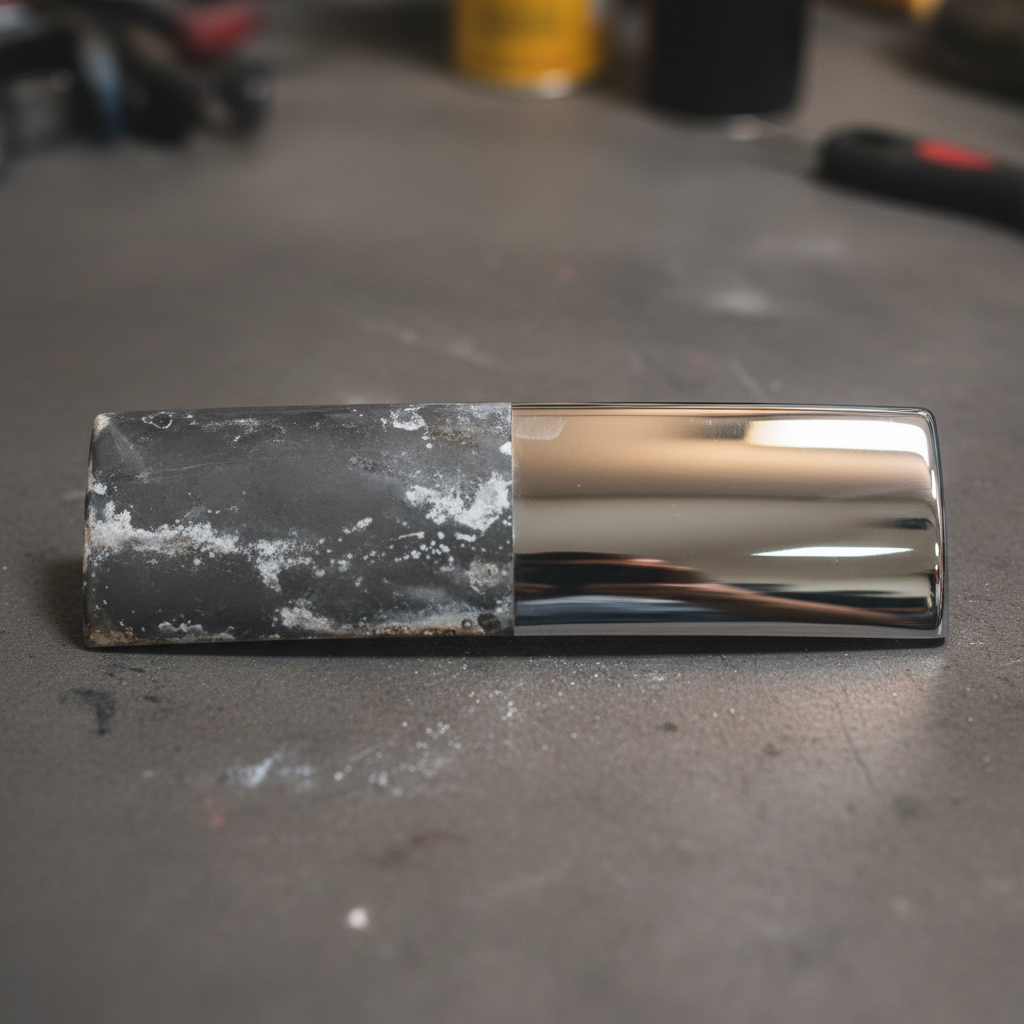 A professional, high-resolution photo showcasing a stark contrast on a single piece of aluminum. One half of the aluminum object (e.g., an automotive trim, an outdoor lamp housing) is severely oxidized, appearing dull, chalky, and dark grey with visible stains. The other half is immaculately clean, polished, and gleaming with a bright, reflective metallic shine. A subtle, soft light illuminates the shiny part, highlighting its restored brilliance. The transition between the oxidized and clean sections should be clear and visually impactful, demonstrating the transformation achieved through cleaning.