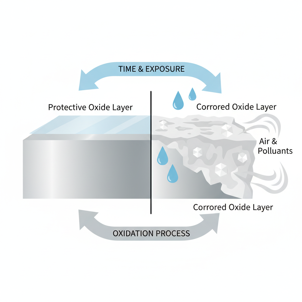 A modern flat illustration depicting the concept of aluminum oxidation. The illustration should show a simplified cross-section of an aluminum surface. On the left, a smooth, metallic aluminum layer is topped with a very thin, transparent protective oxide layer. On the right, this oxide layer is visibly thicker, uneven, and has a dull, grayish-white appearance, with small, abstract representations of environmental factors like stylized rain droplets, salt crystals, and subtle wisps of 'air' impacting it. Arrows can visually indicate the progression from a thin protective layer to a thick, visible oxidized layer.