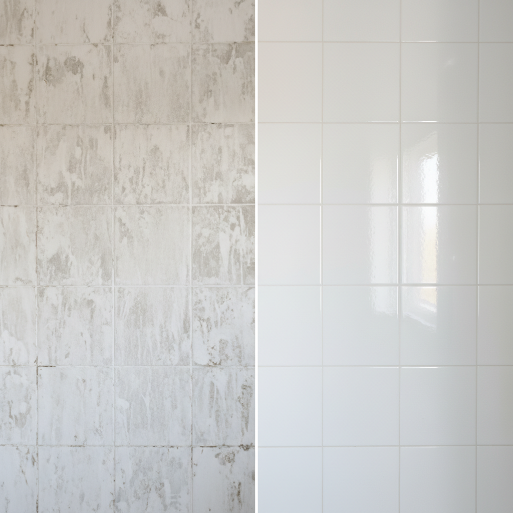 A professional, high-resolution photo showcasing a striking before-and-after contrast of a tiled bathroom wall. On the left side, white ceramic tiles are visibly dulled and covered in stubborn, grayish-white limescale deposits, making them appear unkempt. On the right side, the exact same tiles are sparkling clean, reflecting ambient light brilliantly and showing no trace of mineral buildup. The image should highlight the visual improvement, with attention to light and shadow emphasizing the new sheen. No cleaning products or tools should be explicitly visible, just the clean versus dirty tile surface.