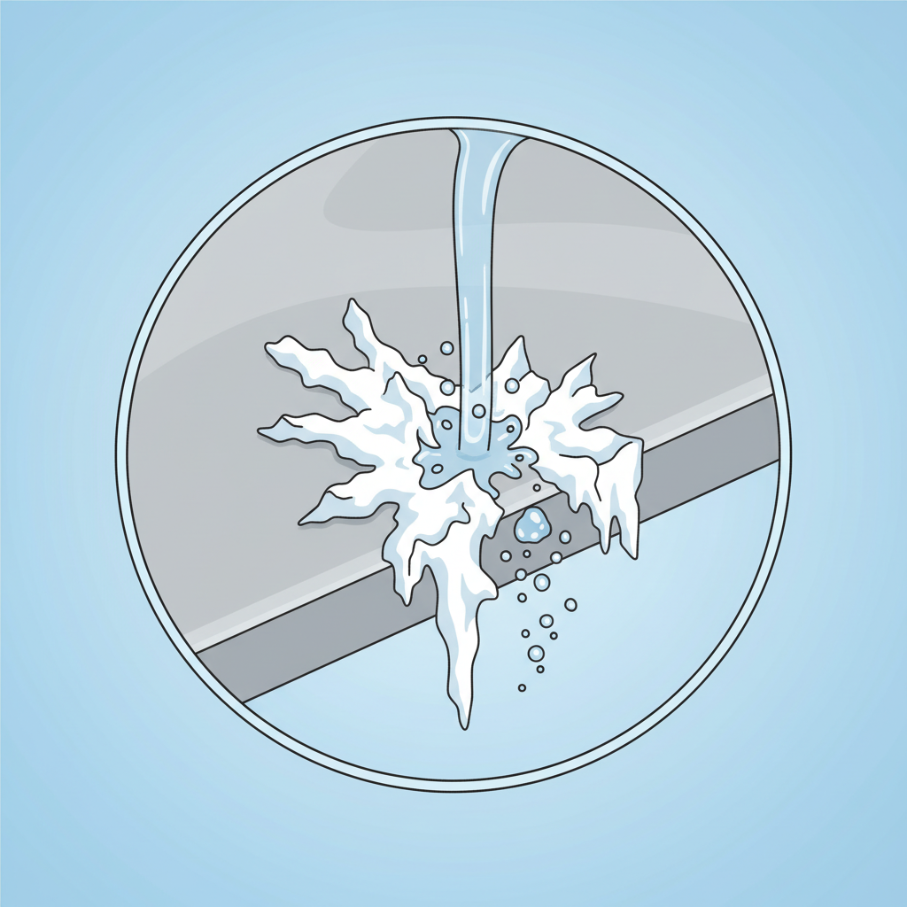 An infographic-style illustration visually explaining how vinegar tackles limescale. Depict a close-up, slightly magnified view of a tile surface with abstract, jagged white mineral formations representing calcium carbonate (limescale) clinging to it. A dynamic stream of clear liquid, symbolizing vinegar, is shown pouring onto these formations. Small, stylized bubbles or dissolving particles emanate from the limescale as the liquid makes contact, suggesting the chemical reaction and breakdown of the deposits. The overall aesthetic should be clean, modern, and easy to understand, using a flat illustration style with crisp lines and a bright, uncluttered background.