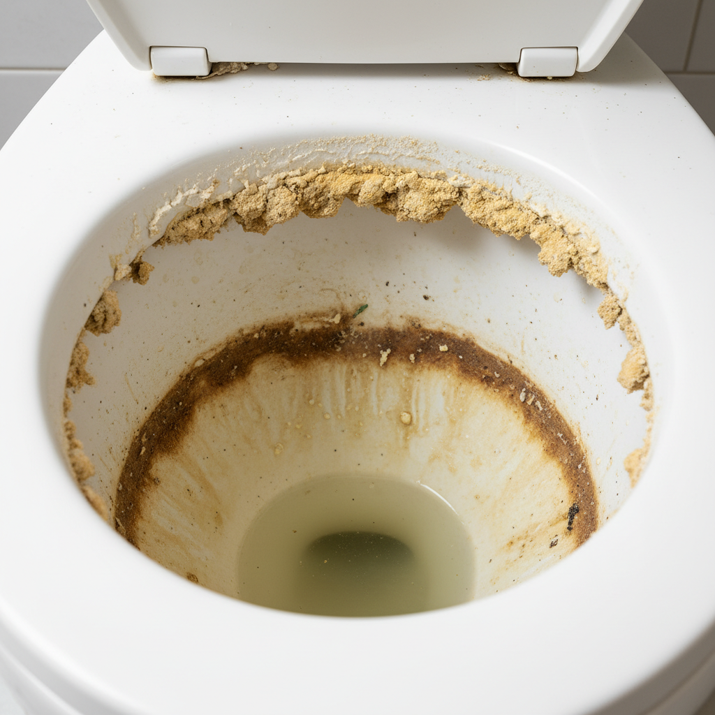A high-definition, realistic photo capturing an extreme close-up of the interior of a severely neglected toilet bowl. Prominently visible are thick, textured, yellowish-brown limescale deposits caked beneath the rim and forming a distinct, unsightly ring at the waterline. The porcelain should show significant staining and discoloration caused by the mineral buildup, highlighting the unhygienic and unappealing state. The image should evoke a strong sense of a challenging cleaning task. Professional photography with clear focus on the stubborn dirt.