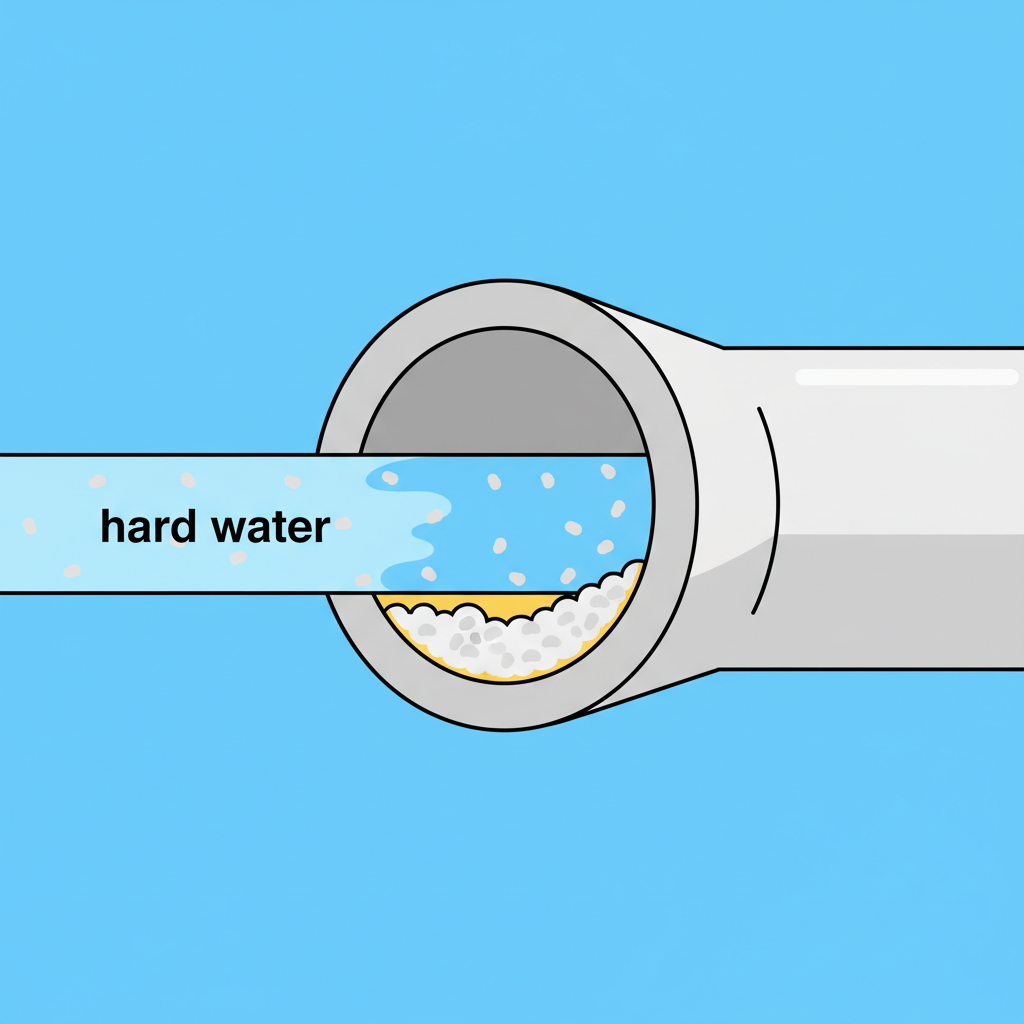 A clean, professional flat illustration demonstrating the concept of hard water leading to limescale. The image features a simplified cross-section of a pipe or a curved surface, with blue 'water' flowing through it. Within the water, small, light-grey mineral particles are visible. As the water stream progresses, these particles are shown detaching and accumulating on the inner surface, gradually forming a distinct, rough, off-white layer of limescale. The background is minimalist, using a bright, informative color scheme to clearly explain the process visually.