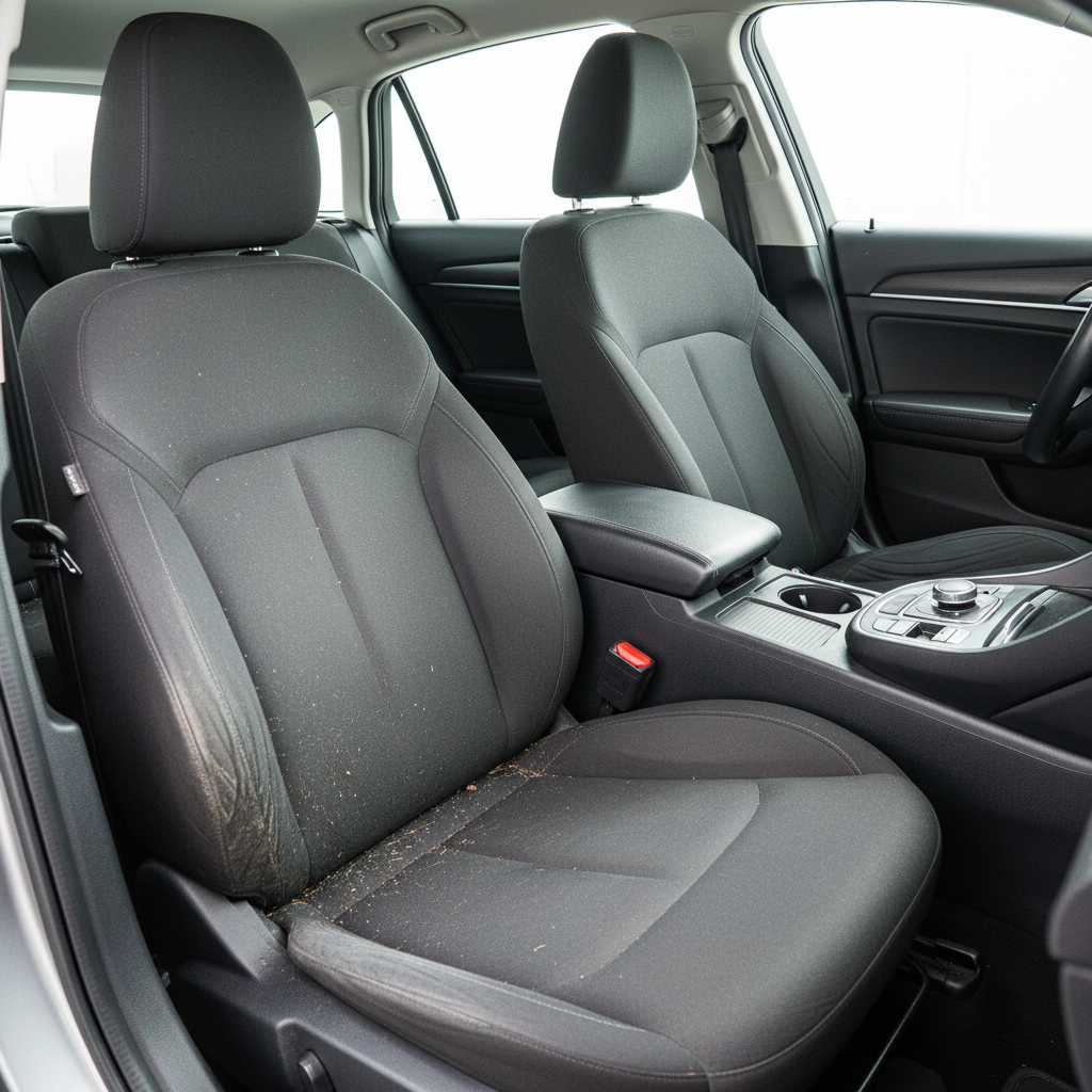 A professional, well-lit photograph of a car interior focusing on a driver's seat. One half of the seat (e.g., the bottom cushion and backrest) is visibly soiled with dark, stubborn stains and accumulated dirt, showing significant neglect. The other half of the seat (e.g., the passenger side or a portion of the same seat post-cleaning) appears immaculate, fresh, and vibrant, showcasing a dramatic transformation. The image emphasizes the stark contrast between heavily soiled and perfectly clean, highlighting the effectiveness of a thorough cleaning process. The car interior should feel inviting and modern, with soft, natural lighting.