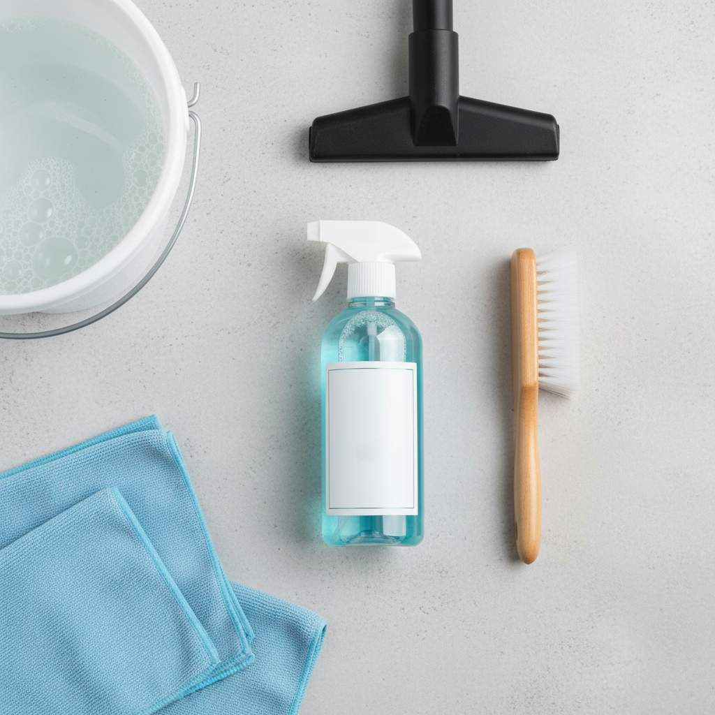 A bright and clean flat lay illustration or professional product photo showcasing an organized collection of car seat cleaning essentials. Prominently featured are a specialized car upholstery cleaning spray bottle, a soft-bristled cleaning brush, several neatly folded microfiber cloths, and a small vacuum cleaner attachment designed for tight crevices. A small, clean bucket filled with water or a cleaning solution could also be partially visible. The arrangement should be aesthetically pleasing and suggest readiness for a thorough cleaning task, emphasizing preparation. The background is simple and uncluttered, allowing the tools to be the main focus.