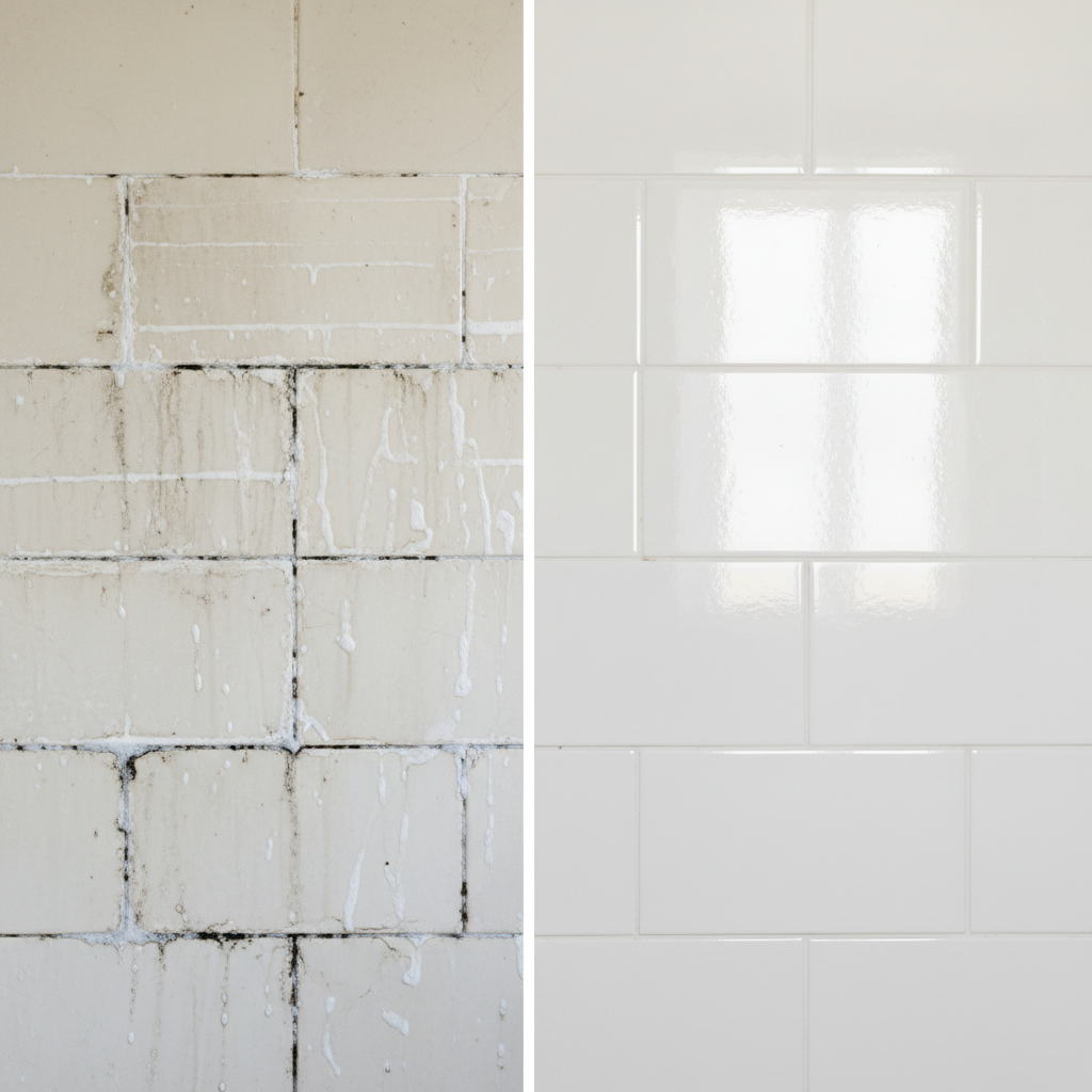 A professional, realistic photo illustrating a 'before and after' comparison of a bathroom tile section. On the left side, tiles are visibly covered in white limescale streaks, murky soap scum, and dark mold in the grout lines, appearing dull and unhygienic. On the right side, the same tiles are sparkling clean, with bright, white grout, reflective surfaces, and no visible dirt or residue. The light should highlight the striking contrast between the grimy 'before' and the pristine, gleaming 'after' state, emphasizing the effectiveness of cleaning.