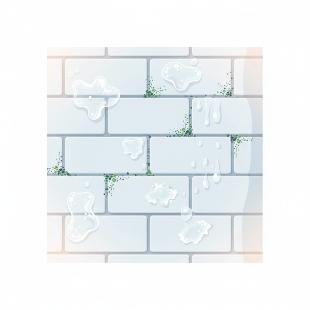 A vibrant, flat illustration depicting the common sources of bathroom tile contamination in a conceptual manner. Show a tiled bathroom wall section. On the tiles and in the grout lines, illustrate distinct, stylized elements: translucent white blobs representing soap scum, small green-black clusters symbolizing mold growth, and opaque white mineral formations indicating limescale from water droplets. The overall image should convey the various types of dirt accumulating on bathroom surfaces, hinting at a humid environment. Use a clean, modern aesthetic with clear separation of elements.