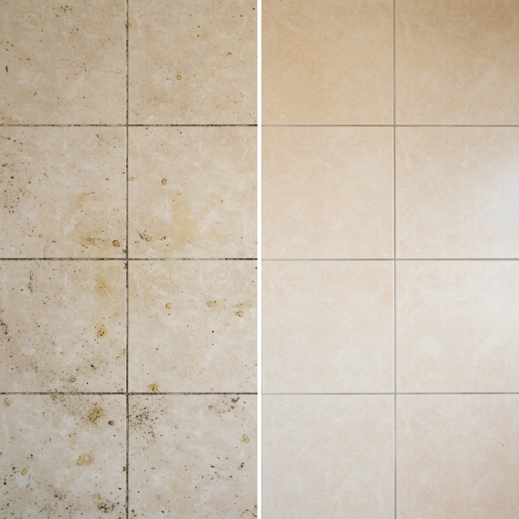 A professional photo, taken from a slightly elevated top-down perspective, showcasing a dramatic 'before and after' effect on ceramic floor tiles. The left half of the image features a section of kitchen floor tiles with visibly ingrained dirt, dark, grimy grout lines, and subtle grease stains. A clear, sharp vertical line divides this from the right half, which reveals the identical tiles and grout sparkling immaculately clean, reflecting light. The contrast should be stark, highlighting the transformation from heavily soiled to pristine.