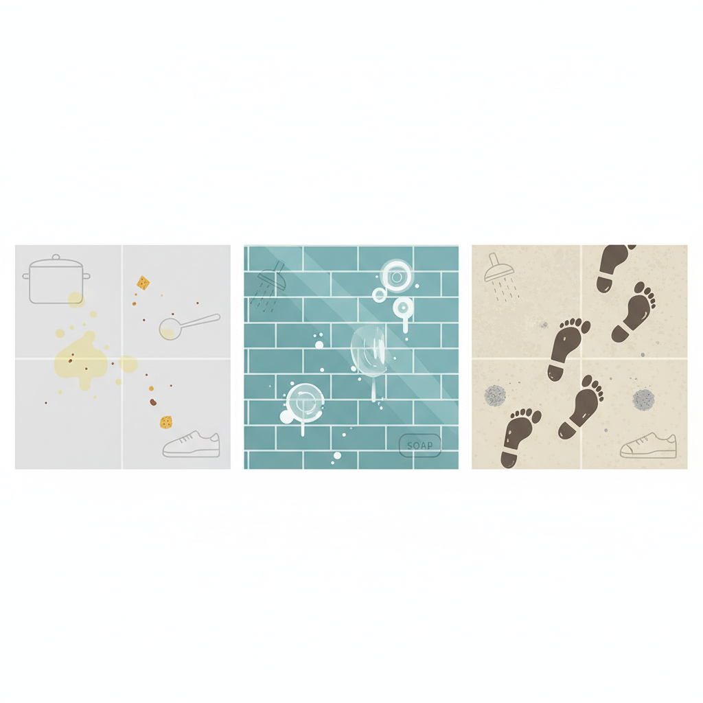 A clean, modern flat illustration depicting a visual explanation of various common tile contaminations. The image is horizontally divided into three distinct zones, each showing a segment of floor tile. The left segment illustrates a kitchen scenario with subtle grease splatters and crumbs. The middle segment shows a bathroom scenario with white limescale spots and soap residue. The right segment features a hallway scenario with tracked-in mud footprints and dust particles. Each type of dirt should be visually distinct against the tile background.