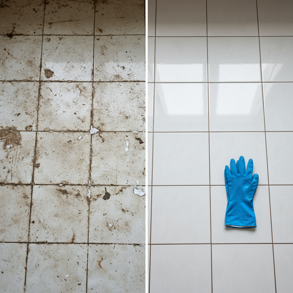 A professional photo showing a split-screen view of a kitchen or bathroom floor. One half depicts heavily soiled, dull, and grimy tiles, with visible streaks of dirt, limescale, and darkened grout lines, conveying neglect. The other half showcases the identical tiles sparkling clean, reflecting ambient light beautifully, with pristine, bright grout. A pair of rubber cleaning gloves are subtly placed near the division on the clean side, hinting at successful restoration. The overall image emphasizes a dramatic 'before and after' transformation, highlighting the effectiveness of cleaning.