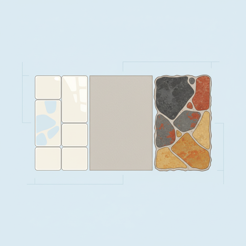 A clean, flat illustration in an infographic style, comparing different tile surfaces. The image features three distinct tile types arranged in a subtle visual comparison: one section for smooth, glossy ceramic tiles, another for dense, durable porcelain, and a third for textured, elegant natural stone. Each tile type is rendered with unique visual characteristics – perhaps a slight sheen for glazed ceramic, a robust, uniform texture for porcelain, and a more porous or organic pattern for natural stone. The overall composition clearly differentiates the materials without relying on words, conveying their varied appearances and intrinsic properties.