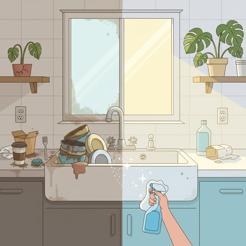 A visually compelling split-scene illustration. On the left side, a cluttered, dusty, and somewhat grimy room (e.g., a kitchen corner with dirty dishes, a dusty counter, a stained sink). This side evokes a sense of overwhelming disarray and neglect. On the right side, the exact same room corner is sparkling clean, organized, and bright, perhaps with a fresh plant or a beam of sunlight illuminating the spotless surfaces. A stylized hand holding a cleaning cloth or spray bottle could subtly bridge the two scenes, suggesting the act of transformation. Use a vibrant, modern flat illustration style with clean lines and a hopeful color palette, emphasizing the dramatic contrast between before and after without being overly realistic or grotesque.