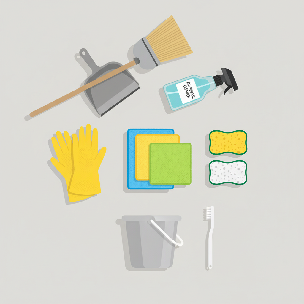 An organized, overhead flat lay composition showcasing a comprehensive array of essential cleaning supplies and tools. Include items like colorful microfiber cloths folded neatly, sponges of different textures, a clear spray bottle of all-purpose cleaner, a pair of yellow rubber gloves, a broom head and dustpan, a small bucket, and a detail brush (like a toothbrush) for scrubbing tight spaces. Arrange them neatly and aesthetically on a light, neutral background. The style should be a clean, minimalist, and modern flat illustration, using a bright and inviting color scheme. The overall arrangement should convey readiness, efficiency, and a systematic approach to cleaning.