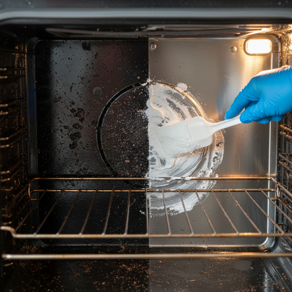 A vivid, high-resolution photograph showcasing the inside of a moderately dirty oven. The left side of the image depicts the oven interior visibly grimy with burnt food residue and grease splatters. On the right side, a clean section of the oven is visible, with a gloved hand carefully applying a thick, white baking soda paste onto a particularly stubborn dirty patch using a soft brush or spatula. The lighting should emphasize both the challenge of the dirt and the active solution. The style should be a professional, well-lit photo, highlighting the effectiveness of the cleaning method in a domestic setting.