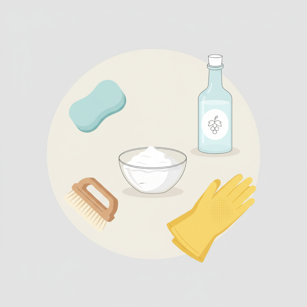 A clean, minimalist flat illustration showing a collection of common household items used for oven cleaning. The central focus is on a small glass bowl containing a thick, white paste (representing baking soda paste), prominently featured alongside a simple bottle of white vinegar. Around these main elements, subtly placed cleaning tools like a soft sponge, a non-scratch scrubbing brush, and a pair of protective yellow rubber gloves are arranged aesthetically on a light, uncluttered kitchen counter background. The style is a modern, clean flat illustration with a limited, pleasing color palette, emphasizing simplicity and accessibility of the cleaning ingredients.