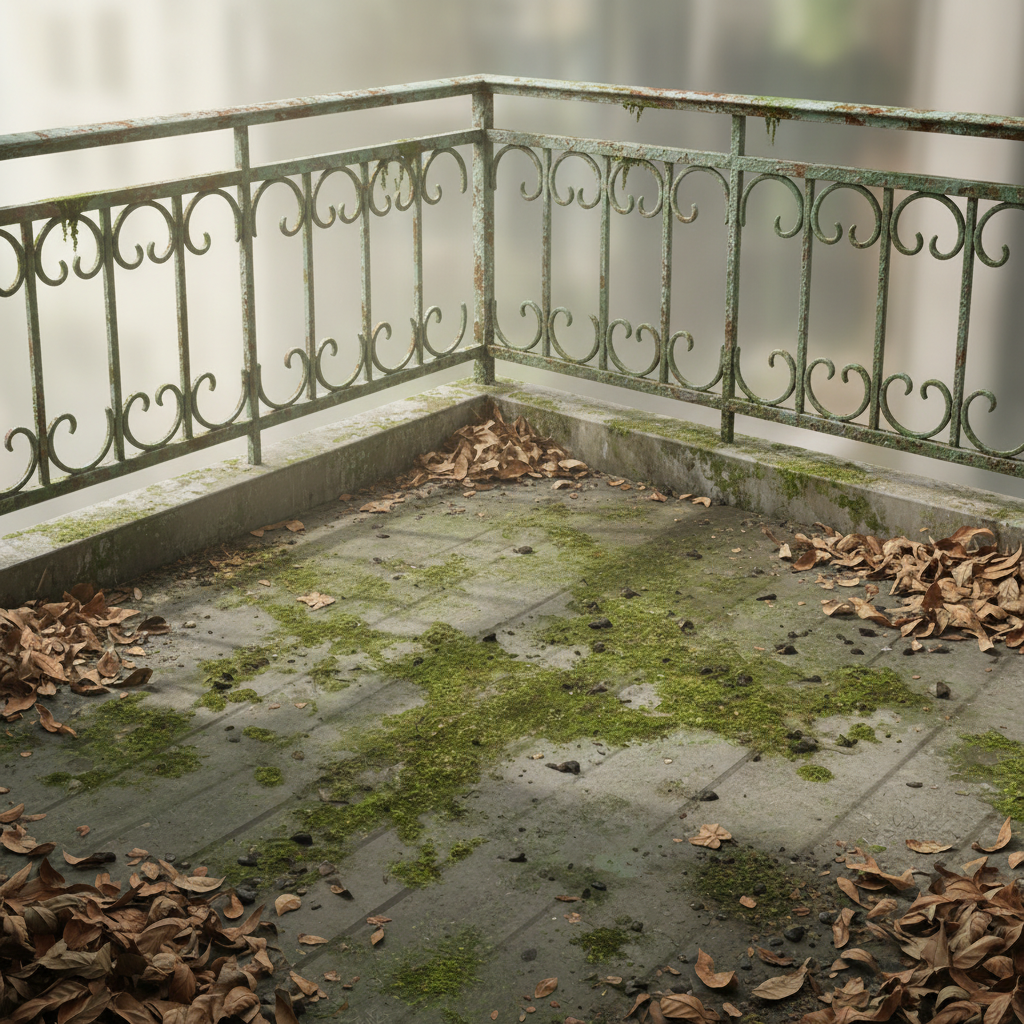 A visually striking, semi-realistic digital illustration depicting a heavily neglected balcony. The floor is covered in visible patches of green algae and moss, dark stains from bird droppings, and general grime. Dust and scattered leaves are present, indicating a lack of cleaning. A corner might show a dull, grimy railing. The overall impression is one of abandonment and significant dirtiness, clearly communicating the 'before' state of a deeply soiled outdoor space. Use a clean, semi-realistic digital illustration style with soft natural lighting, ensuring no visible text.