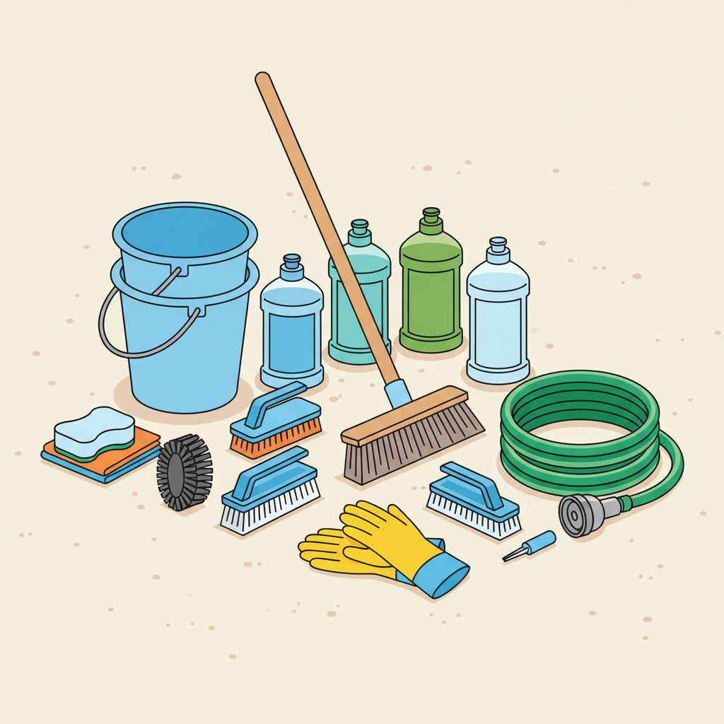 A bright and organized flat illustration showcasing an array of essential tools and materials for balcony cleaning. Neatly arranged on a clean, light surface are sturdy rubber gloves, a stiff broom, two distinct buckets, a coiled garden hose, and a variety of cleaning brushes including a stiff bristled one and a softer scrub brush. Generic, unlabelled bottles of cleaning solution, sponges, and cloths are also present. The setup conveys readiness and preparation. Use a clean, modern flat illustration style with crisp lines and a vibrant color palette, ensuring no visible text or branding on any items.