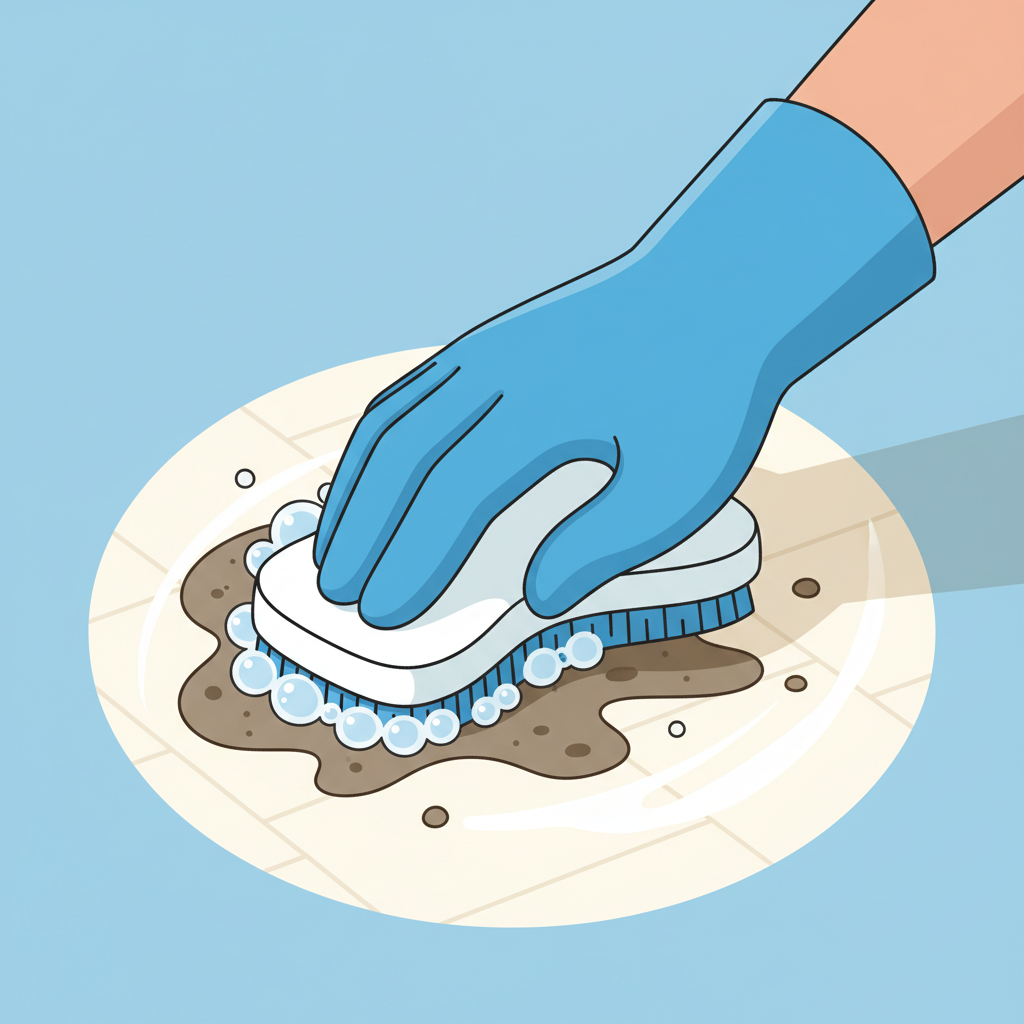A flat illustration in a clean, modern style, depicting a close-up action shot of effective linoleum cleaning. A human hand, wearing a protective glove, holds a soft scrubbing brush or a microfiber cloth, actively working on a stubborn, dark stain or patch of grime on a light-colored linoleum floor. The cleaning agent (represented by subtle bubbles or a gentle foam) is visibly lifting the dirt, with a clear contrast between the dirty area and the partially cleaned, lighter surface emerging underneath. The focus is on the efficient removal process, showing the effort and immediate positive effect of targeted cleaning.