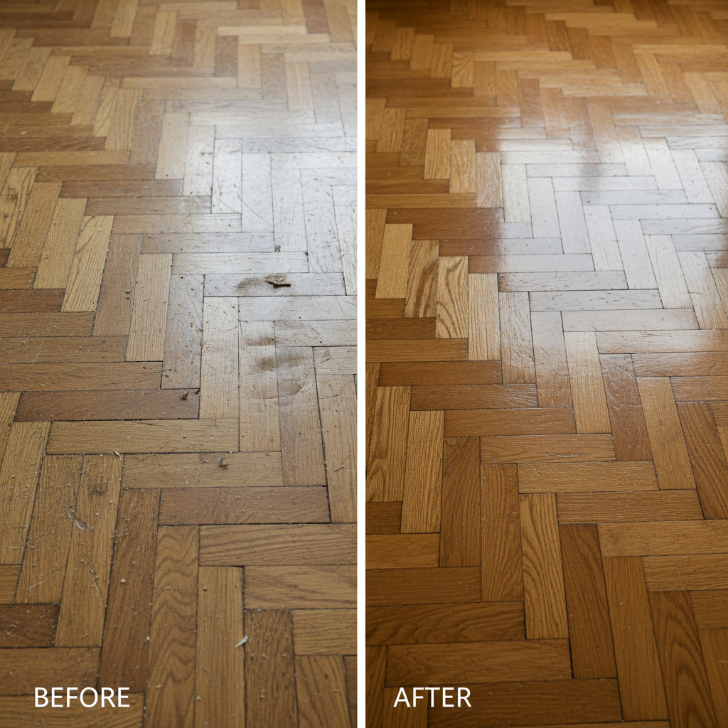 A professional photo capturing a 'before and after' comparison of a parquet floor. On the 'before' side, a section of the wooden floor appears dull, scuffed, and has visible dirt smudges and fine debris. On the 'after' side, the same section of the parquet gleams cleanly, with a restored, polished appearance, reflecting ambient light. The transition should be clear, showcasing the dramatic positive impact of proper cleaning. Soft, natural lighting highlights the wood grain.
