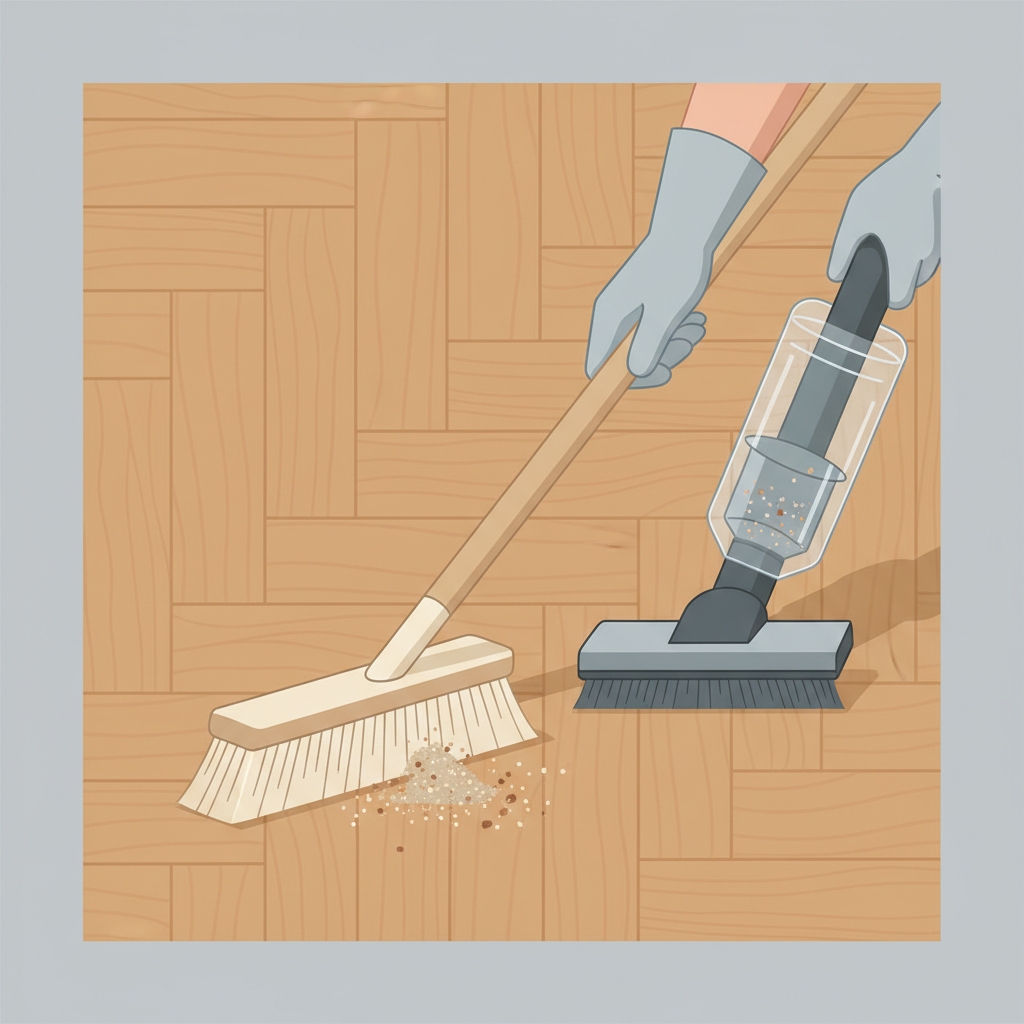 A modern, clean flat illustration depicting the initial steps of cleaning a parquet floor. The scene shows a close-up of a person's hands gently maneuvering a soft-bristled broom across a section of the parquet, collecting loose dust, sand, and small crumbs. Alternatively, it could show a soft-brush vacuum attachment effectively lifting debris without scratching. The focus is on the careful, non-damaging technique and the removal of particulate matter.