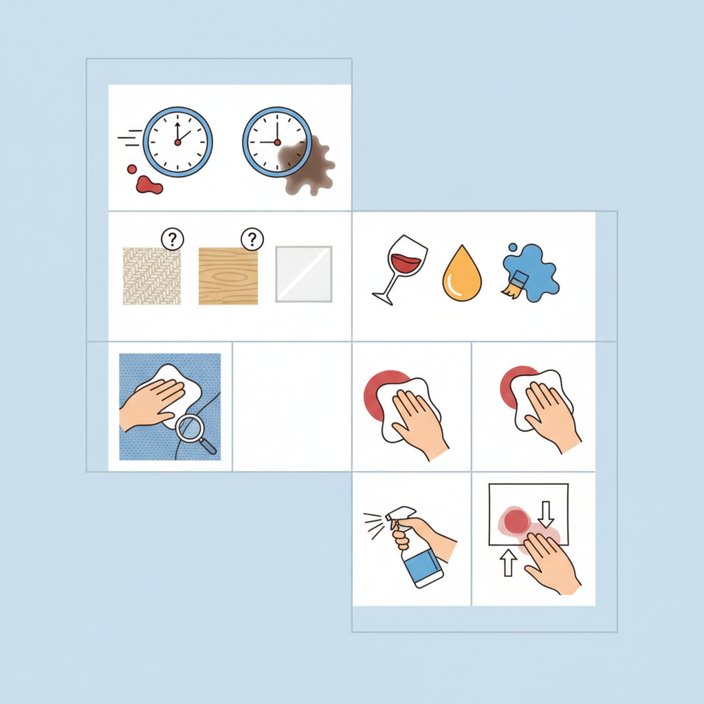 An infographic-style illustration depicting the essential preparation steps for stain removal. The image features a clean, multi-panel layout. One panel shows a clock near a fresh, small stain and a clock near a larger, dried stain, implying urgency. Another panel displays various material swatches (fabric, wood, ceramic) with an implied query. Next, icons represent different stain types: a spilled red wine glass, an oil drop, and a paint blob. Further panels show a hand testing a cleaning solution on an unseen corner of fabric, a hand gently dabbing a stain, and a hand treating a textile from its reverse side. The overall aesthetic is clear, organized, and instructional.