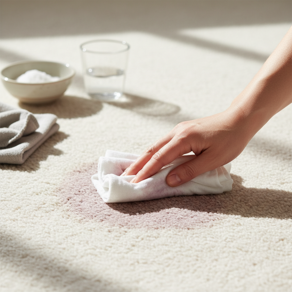A professional, vibrant photo showcasing the successful removal of a challenging red wine stain from a light-colored carpet. The scene captures a moment of active cleaning, with a hand gently blotting the last remnants of a reddish-purple stain, revealing a clean carpet patch underneath. In the background, a small, unmarked bowl or jar containing a simple, natural-looking cleaning mixture (e.g., a white powder or clear liquid) and a soft cleaning cloth are subtly visible. The lighting is bright and inviting, conveying a sense of relief and accomplishment, highlighting the effectiveness of home remedies.
