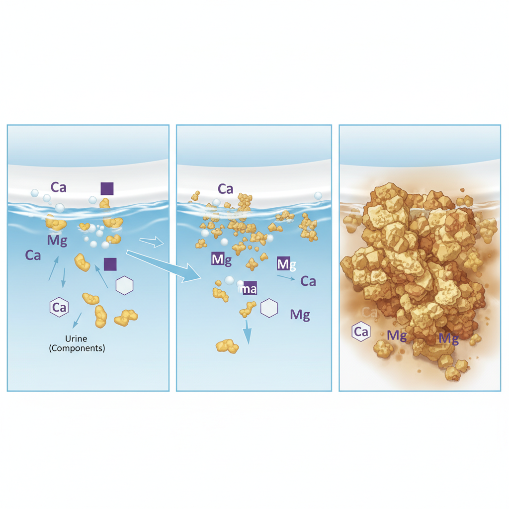 A detailed scientific illustration depicting the formation of Urinstein inside a toilet bowl at a microscopic level. The scene should show clear water in a ceramic toilet surface initially. Then, abstract chemical symbols or simplified representations of calcium, magnesium, and urine components are seen interacting and bonding to the ceramic surface. Gradually, these interactions lead to the formation of small, crystalline, yellowish-brown deposits that accumulate and grow over time, illustrating the stubborn nature of the build-up. The overall style should be a clean, educational infographic with vibrant colors and clear separation of elements, suitable for explaining a complex process visually.