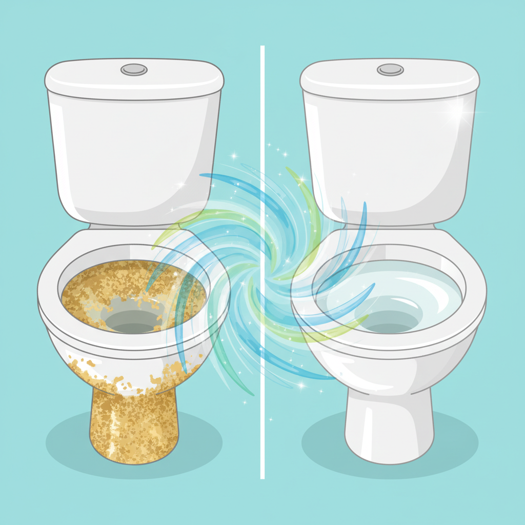 A flat illustration depicting a clear contrast between an unclean and a clean toilet. On the left side, a toilet bowl is visibly stained with thick, yellowish-brown Urinstein deposits clinging to the porcelain below the water line, looking unhygienic and discolored. On the right side, the same toilet bowl is sparkling clean and pristine white, reflecting light, with no traces of deposits. A dynamic, abstract visual element, like a swirling vortex of blue or green energy, could subtly bridge the two halves, symbolizing the cleaning process or transformation. The style should be modern, clean, and optimistic, highlighting the effectiveness of cleaning.